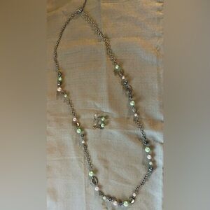 Long Silver Necklace with Green & Pink